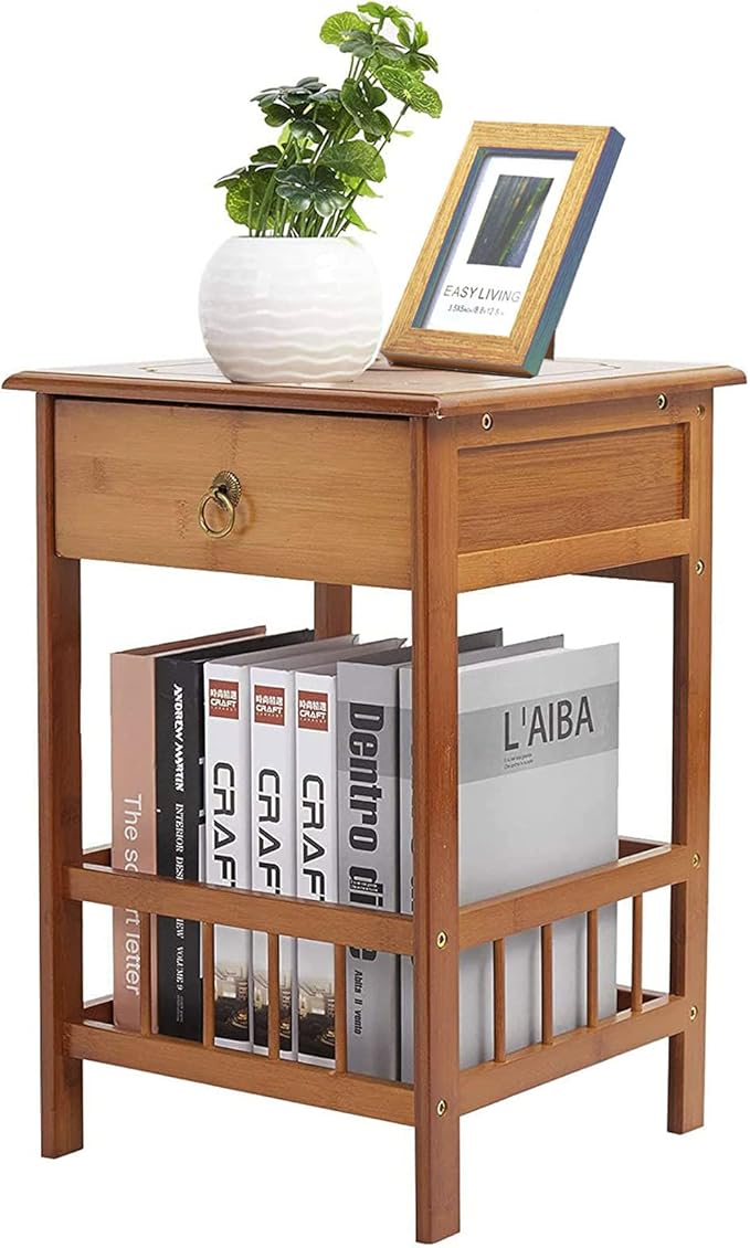 Light Brown Bamboo Bedside Table with Drawer