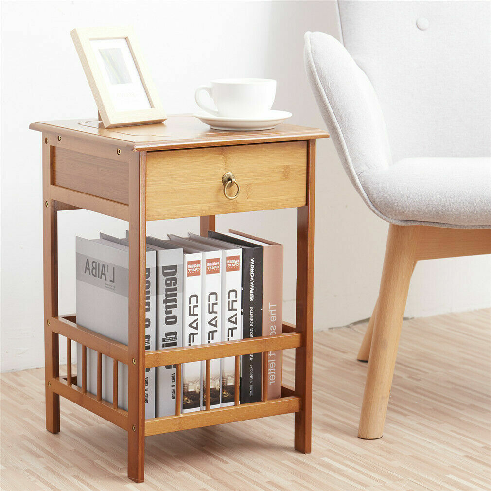Light Brown Bamboo Bedside Table with Drawer