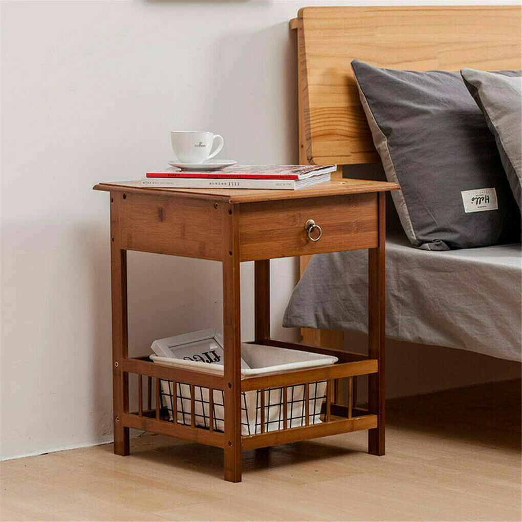 Light Brown Bamboo Bedside Table with Drawer