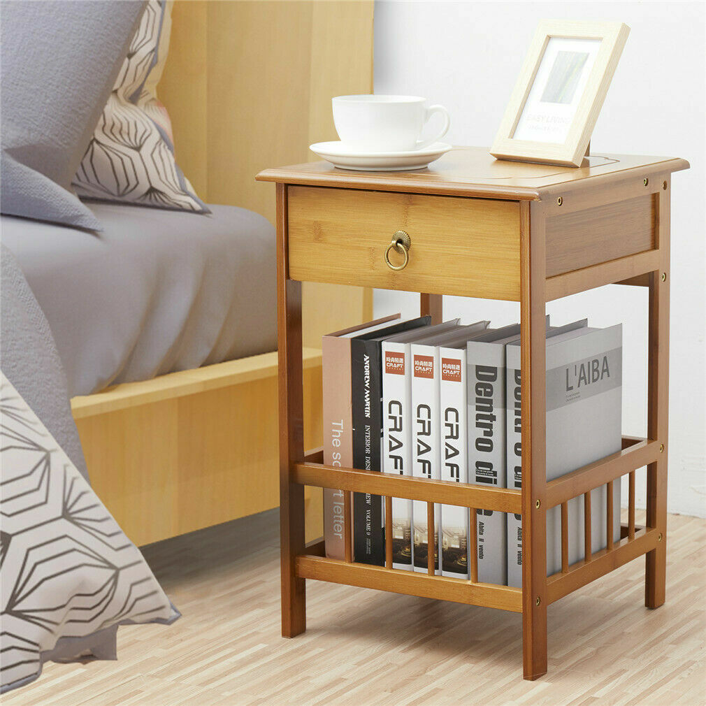 Light Brown Bamboo Bedside Table with Drawer