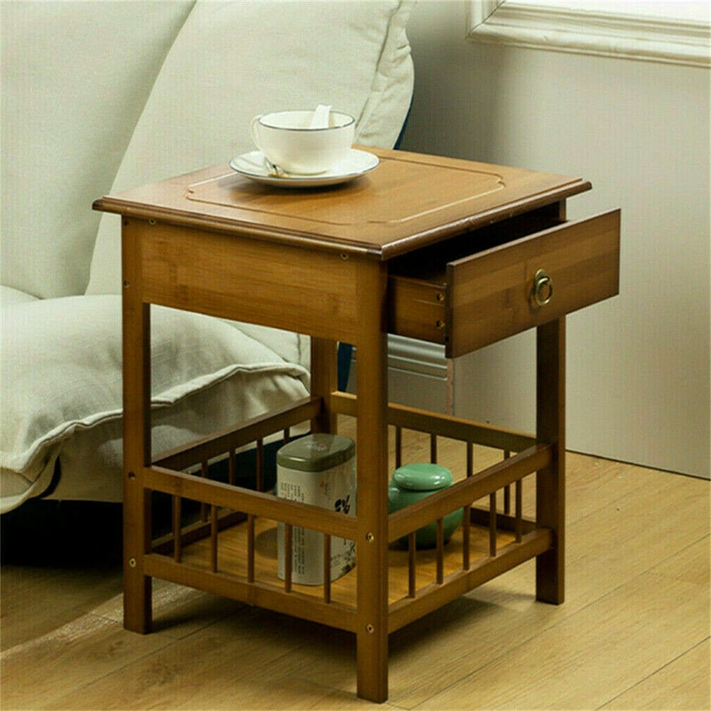 Light Brown Bamboo Bedside Table with Drawer