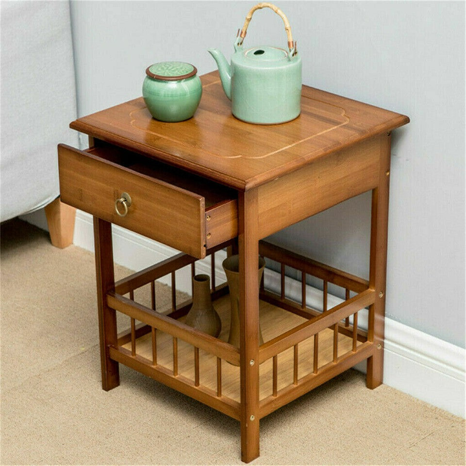 Light Brown Bamboo Bedside Table with Drawer