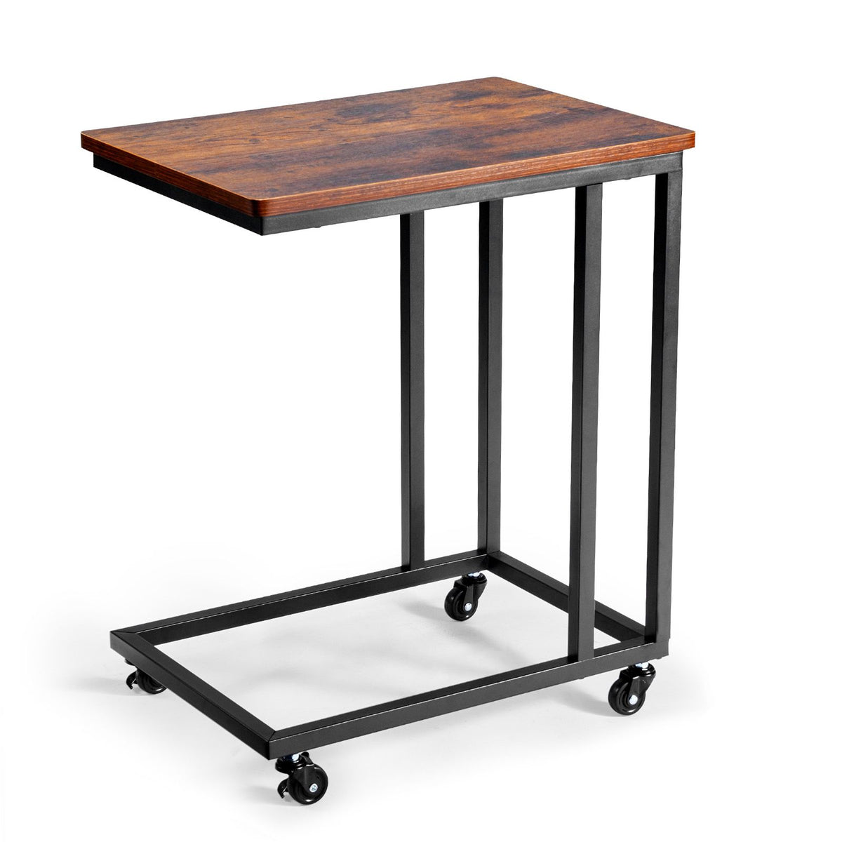 Brown and Black C Shaped Side Table with Wheels