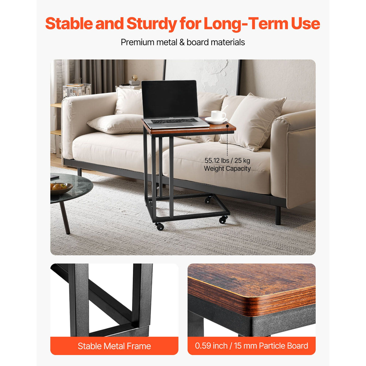 Brown and Black C Shaped Side Table with Wheels