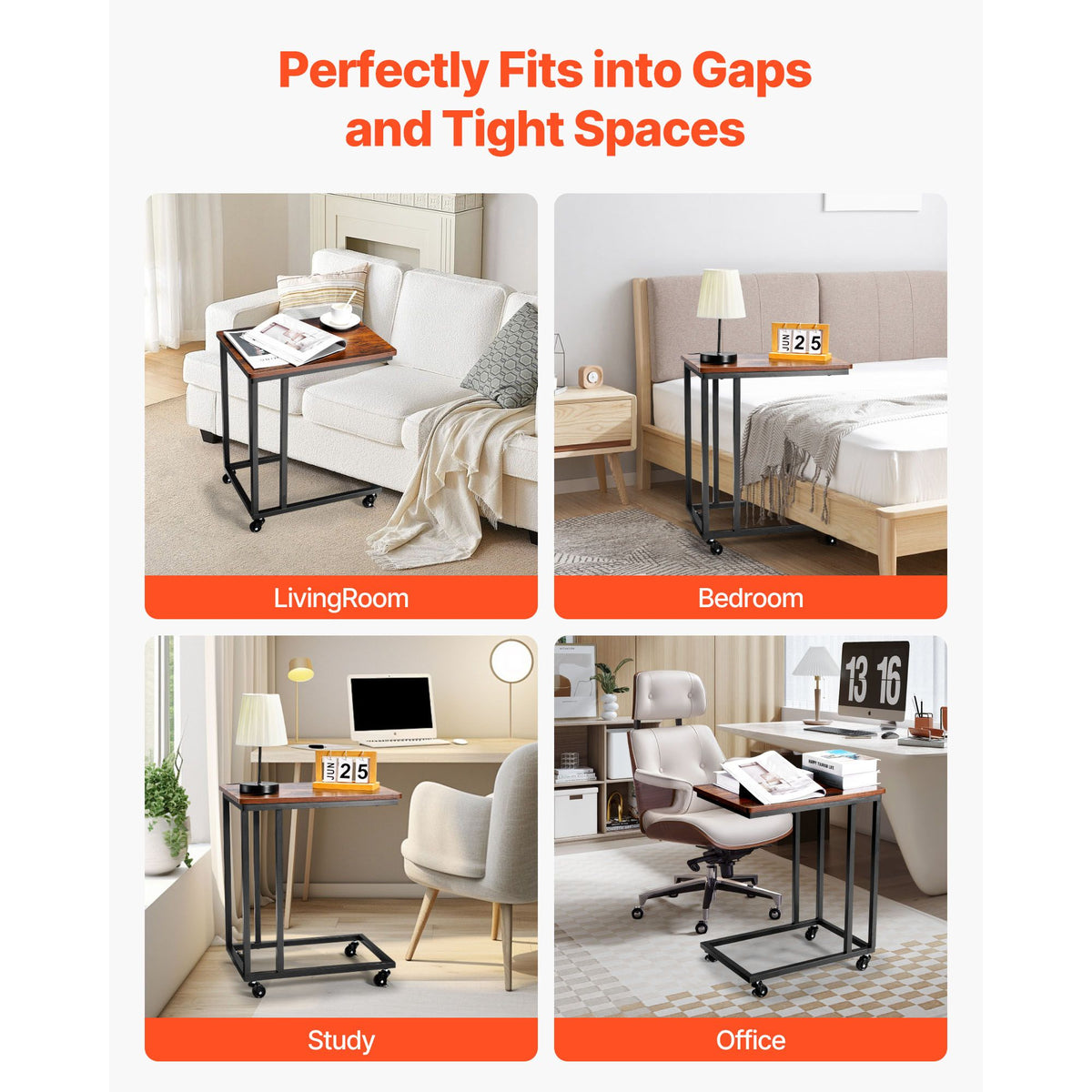 Brown and Black C Shaped Side Table with Wheels