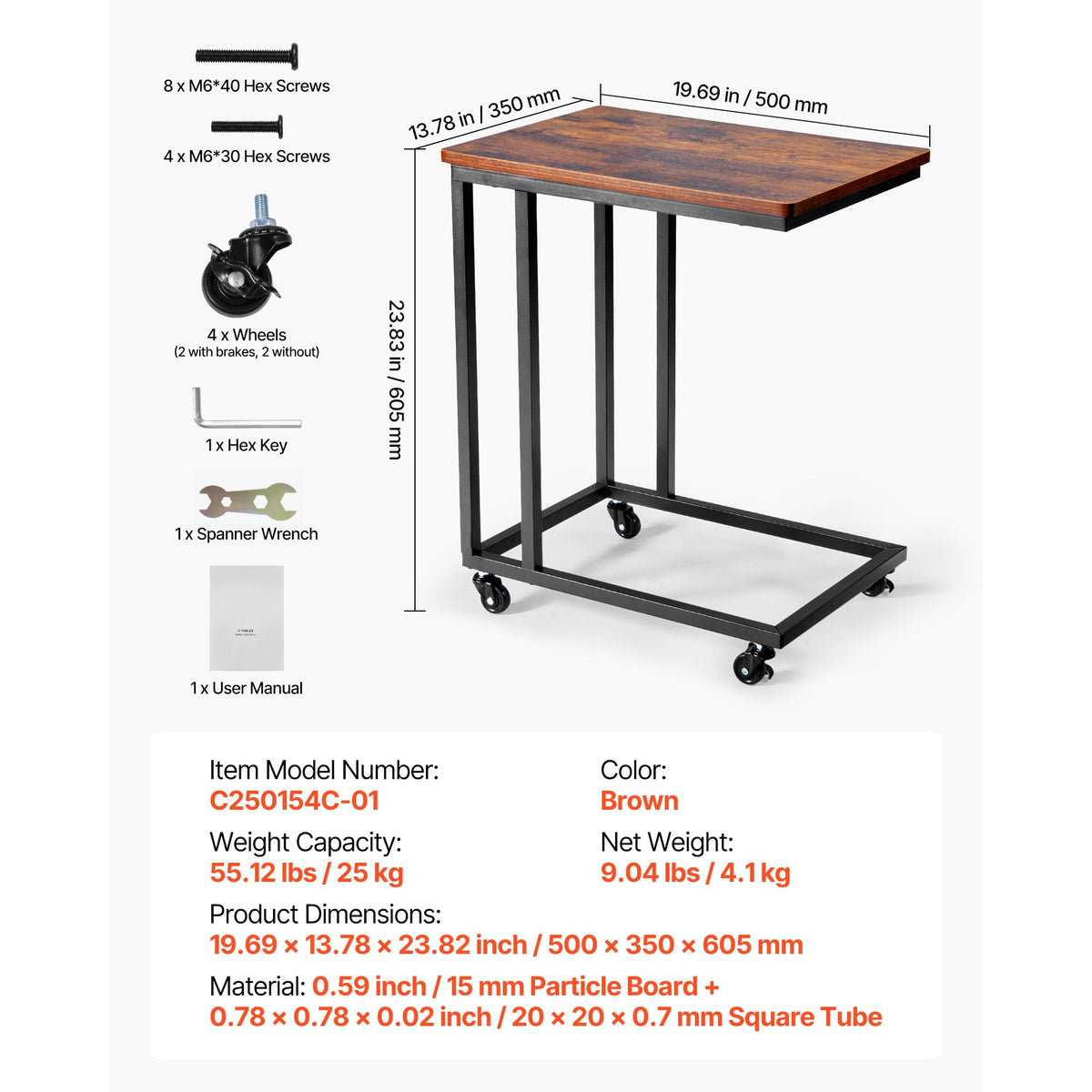 Brown and Black C Shaped Side Table with Wheels