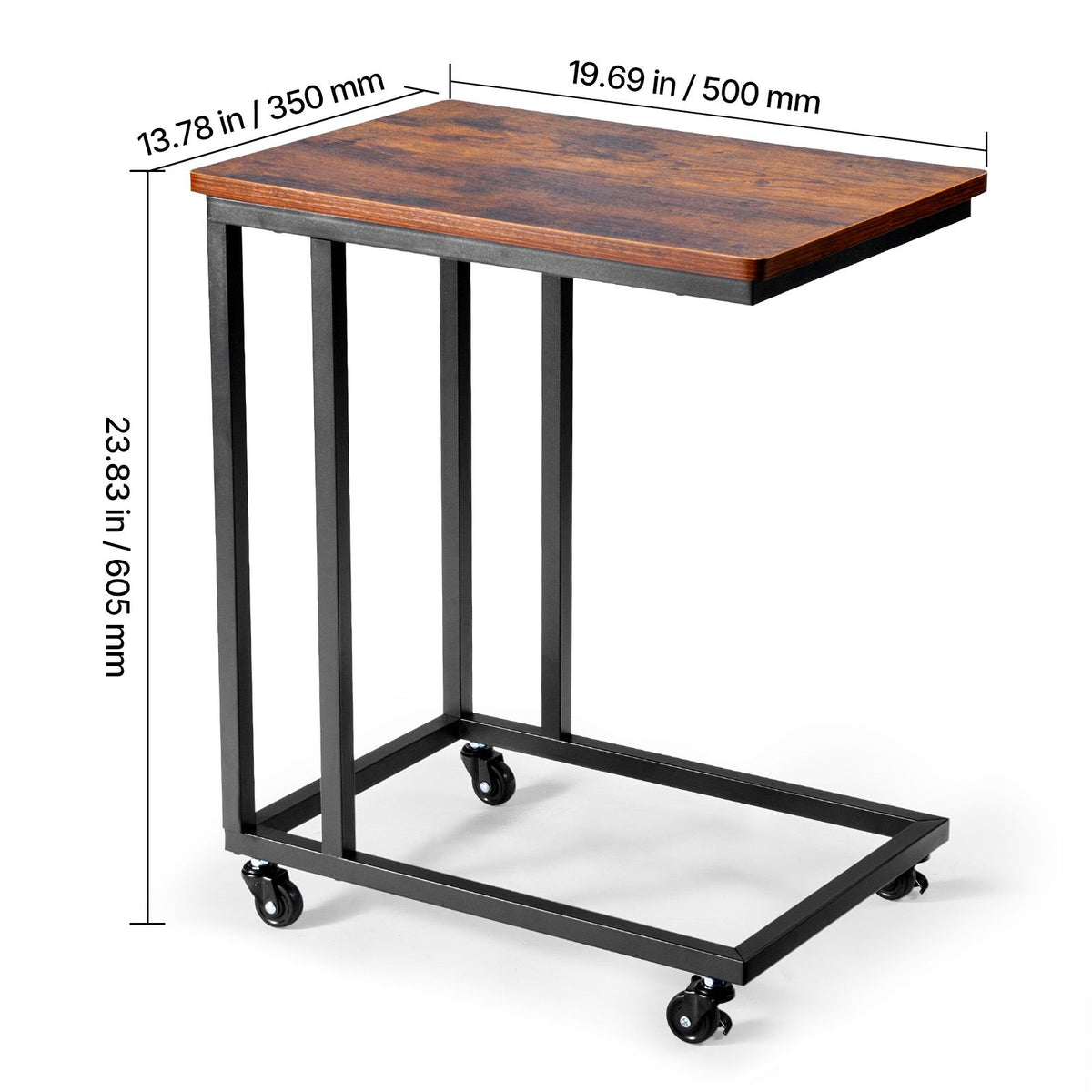 Brown and Black C Shaped Side Table with Wheels