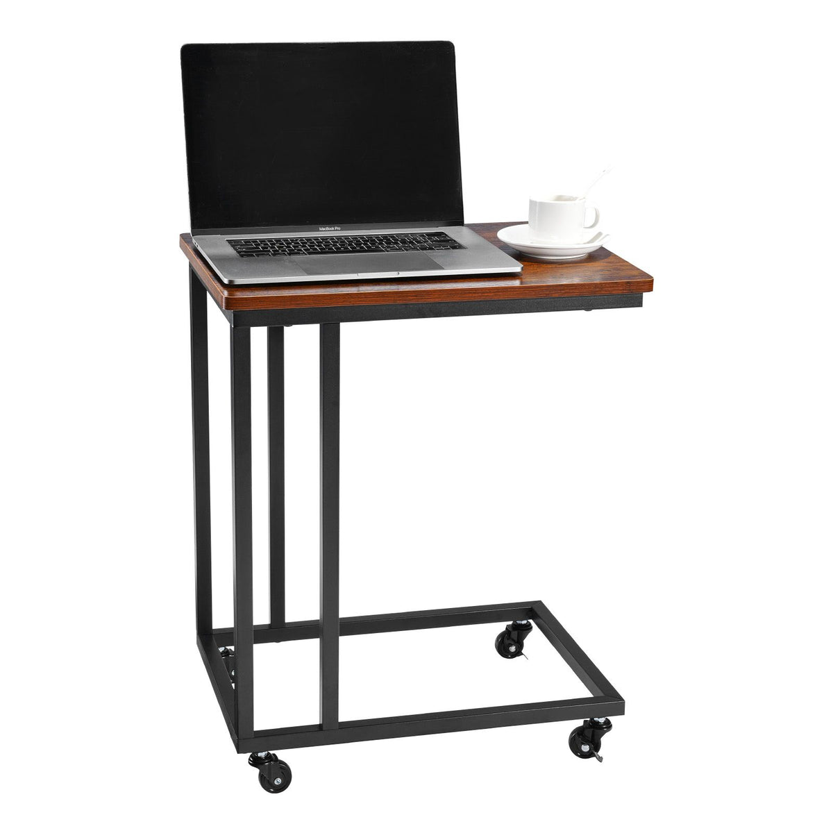 Brown and Black C Shaped Side Table with Wheels
