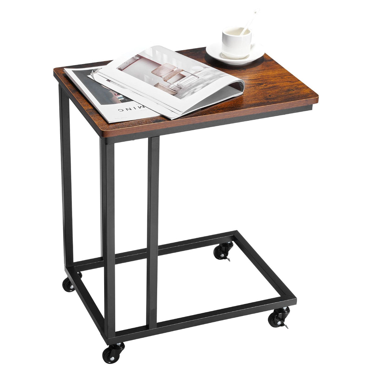 Brown and Black C Shaped Side Table with Wheels