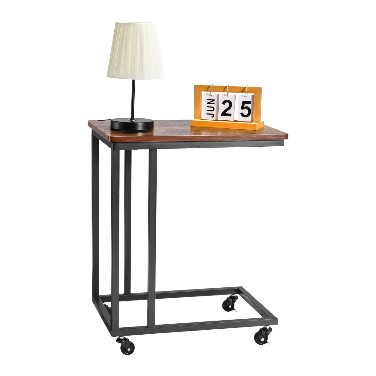 Brown and Black C Shaped Side Table with Wheels