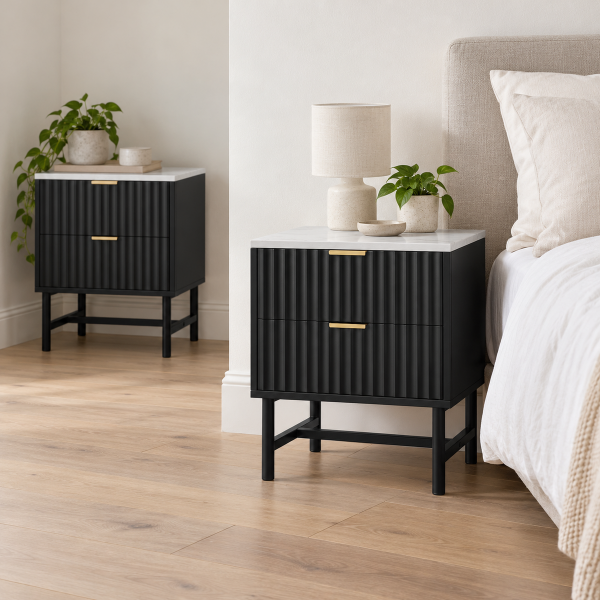 Artiss Black Bedside Tables with Two Drawers, Set of 2 shown in a home setting