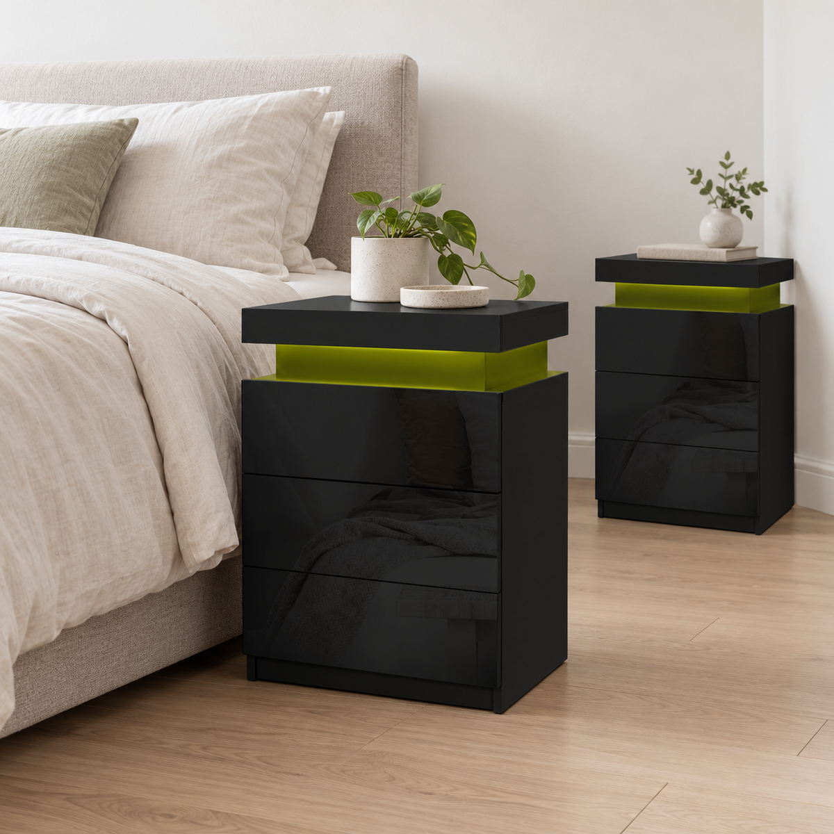 Artiss Coley Black LED Bedside Tables, Set of 2 shown in a home setting