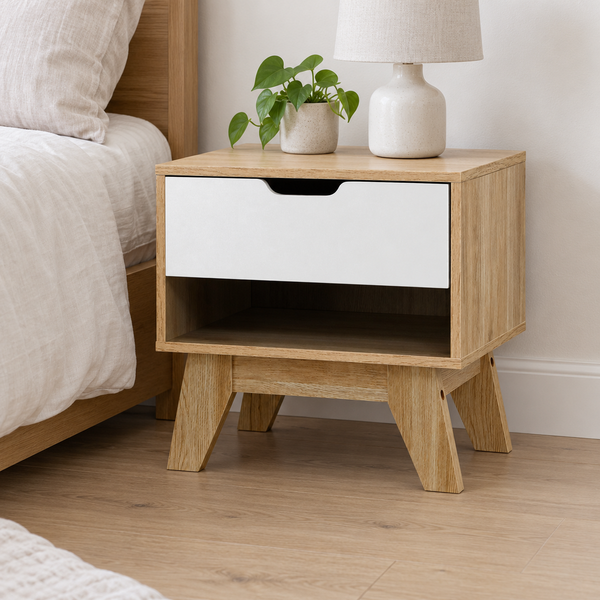 Artiss Iker White and Oak Finish Bedside Table shown in a home setting