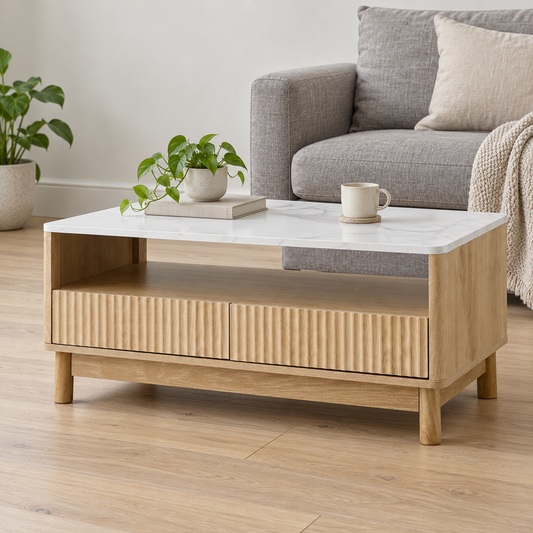 Artiss Marble Effect Coffee Table with Drawer and Shelf shown in a home setting