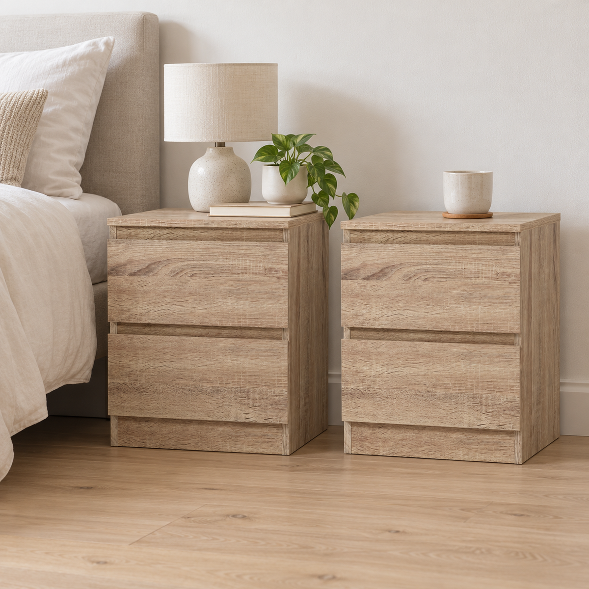 Artiss Pepe Oak Finish Bedside Tables, Set of 2 shown in a home setting