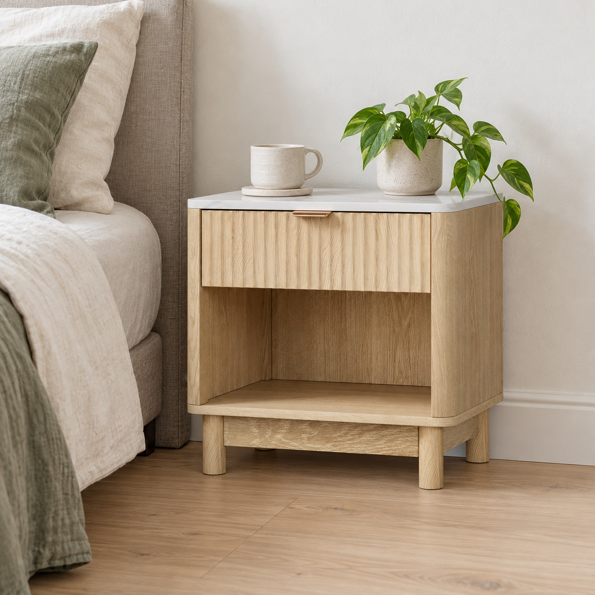 Artiss Pine Finish Bedside Table with Drawer and Shelves shown in a home setting