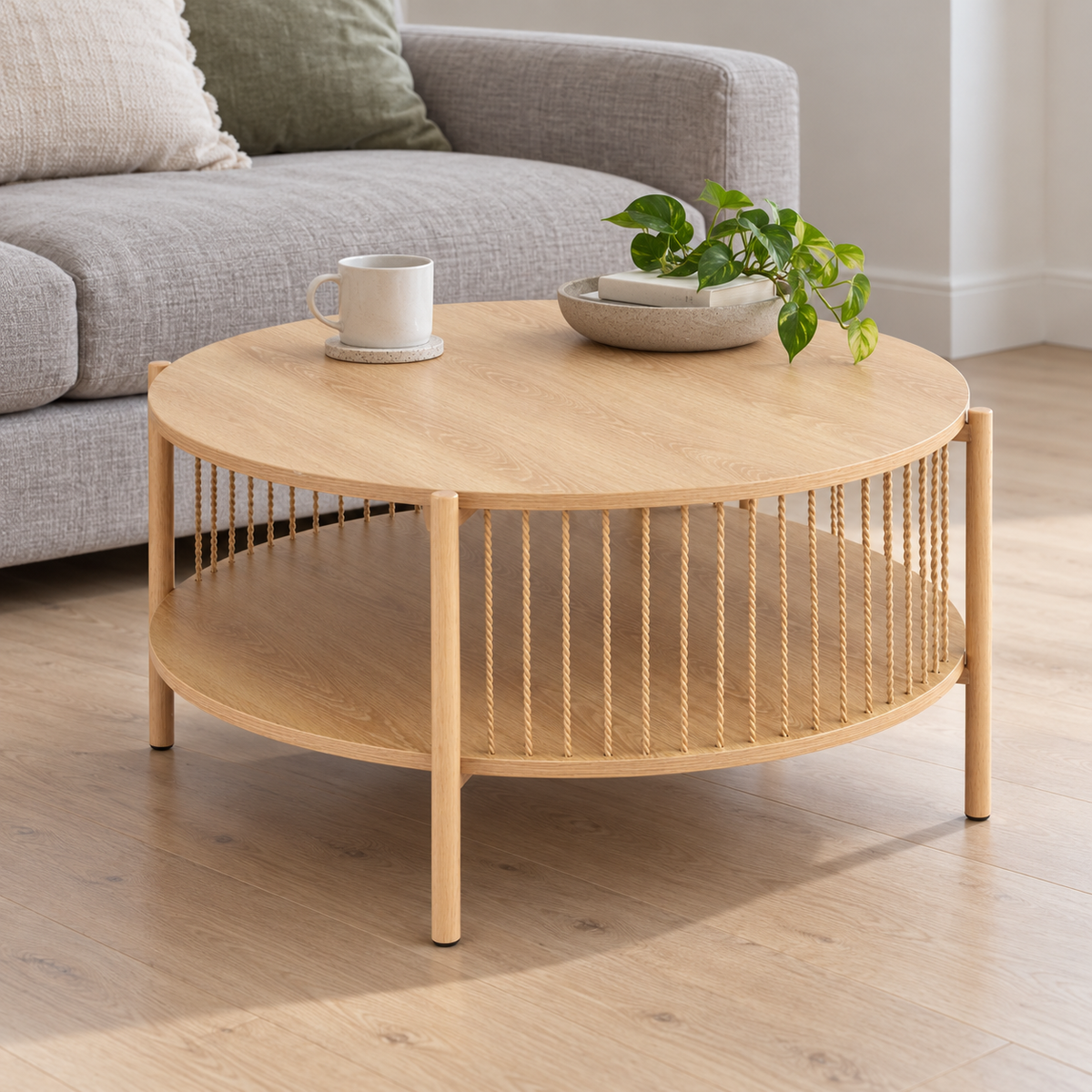 Artiss Round Coffee Table with Lower Shelf shown in a home setting