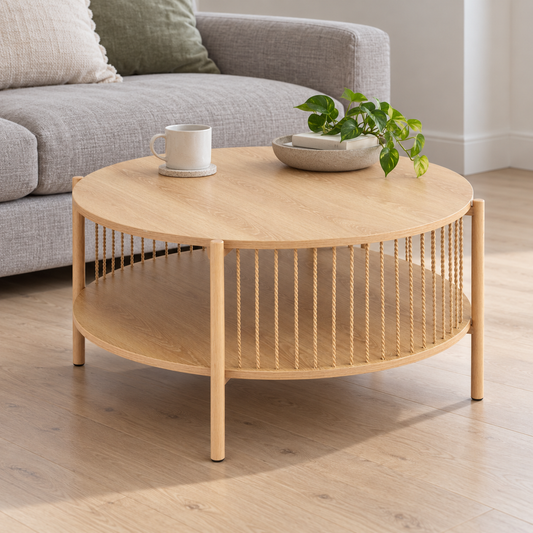 Artiss Round Coffee Table with Lower Shelf shown in a home setting