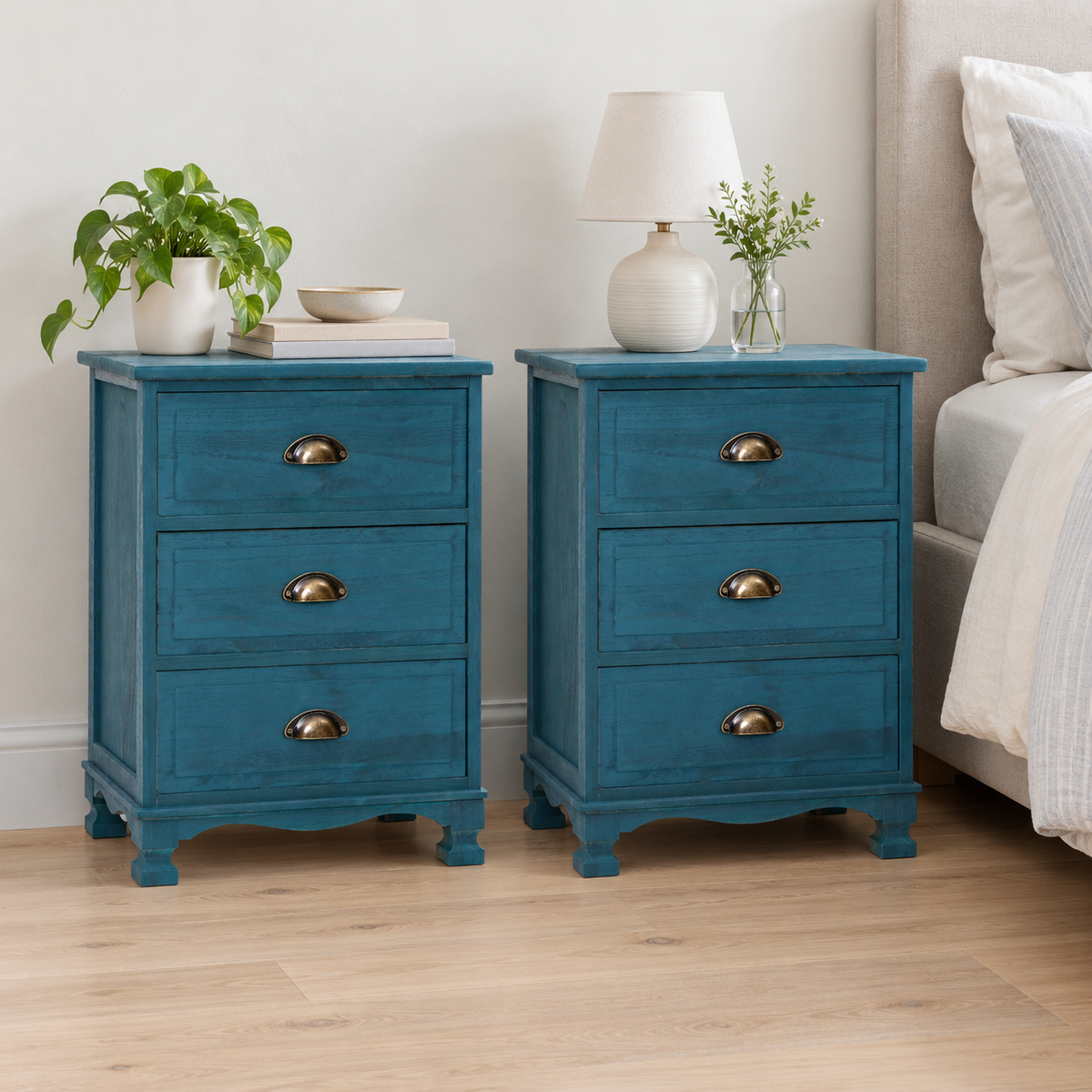 Artiss Thyme Blue Three Drawer Bedside Tables, Set of 2 shown in a home setting