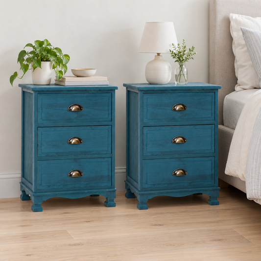 Artiss Thyme Blue Three Drawer Bedside Tables, Set of 2 shown in a home setting