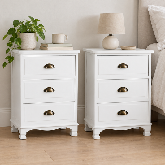 Artiss Thyme White Three Drawer Bedside Tables, Set of 2 shown in a home setting