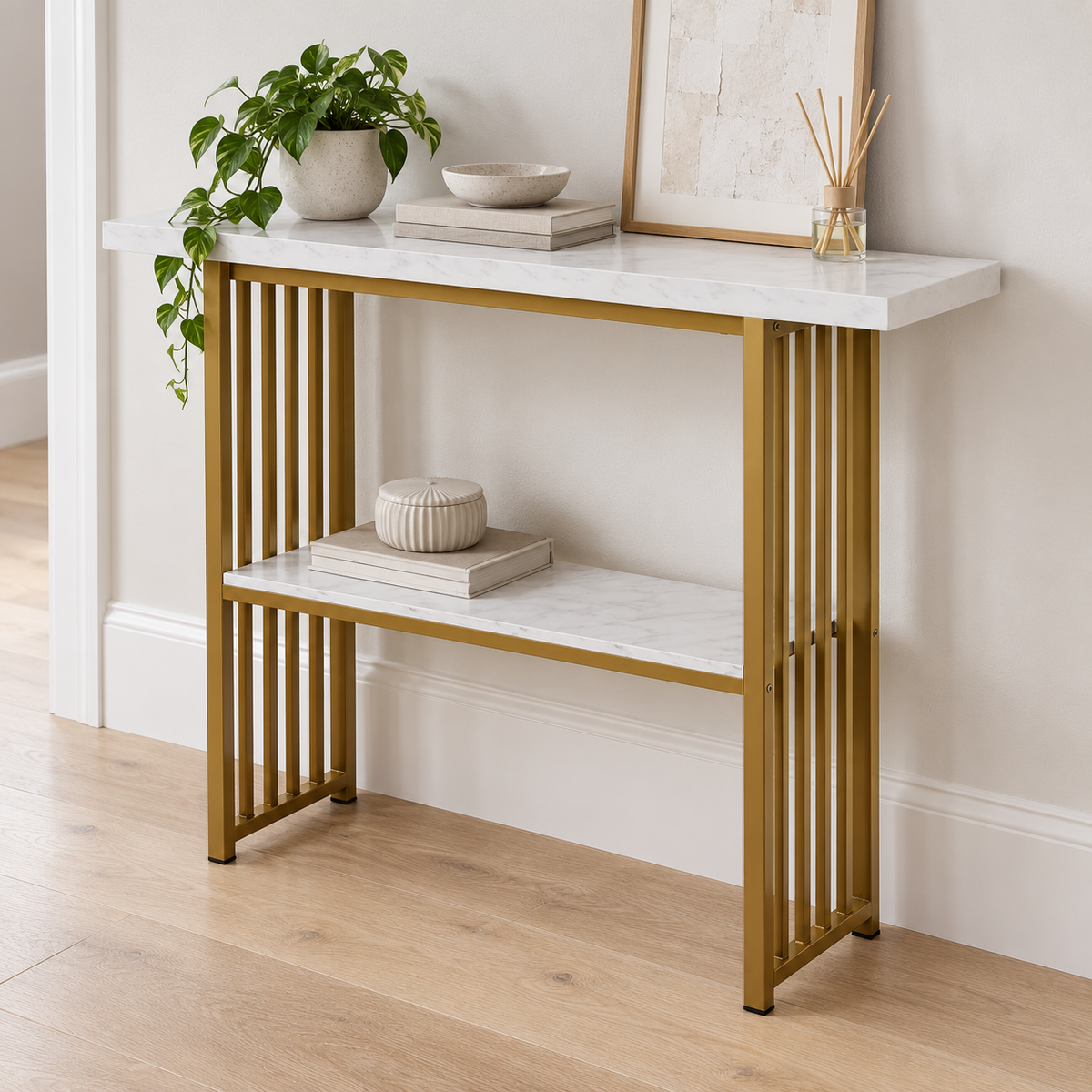 Artiss White and Gold Marble Effect Console Table, 120 cm shown in a home setting