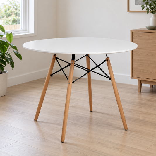 Artiss White Round Four Seater Dining Table, 100 cm shown in a home setting