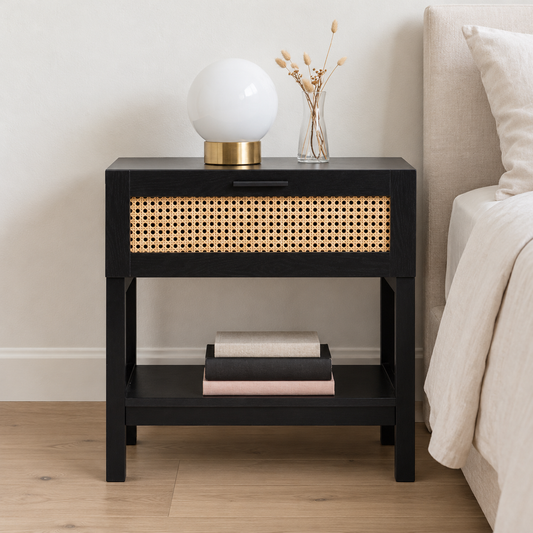 Casa Decor Tulum Black Rattan Bedside Table shown in a home setting
