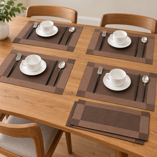Chocolate Brown Woven Placemats, Set of 6 shown in a home setting