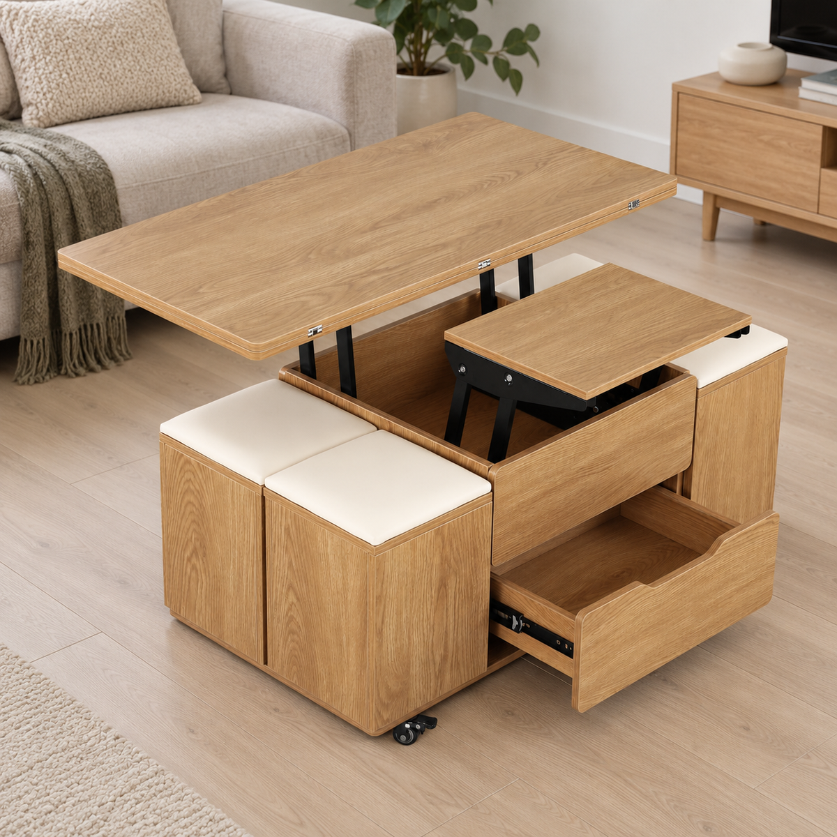Fittro Natural Lift Top Coffee Table with Four Chairs shown in a home setting