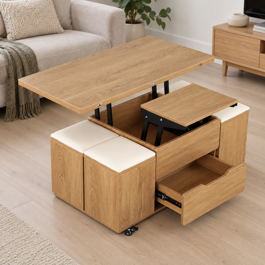 Fittro Natural Lift Top Coffee Table with Four Chairs shown in a home setting