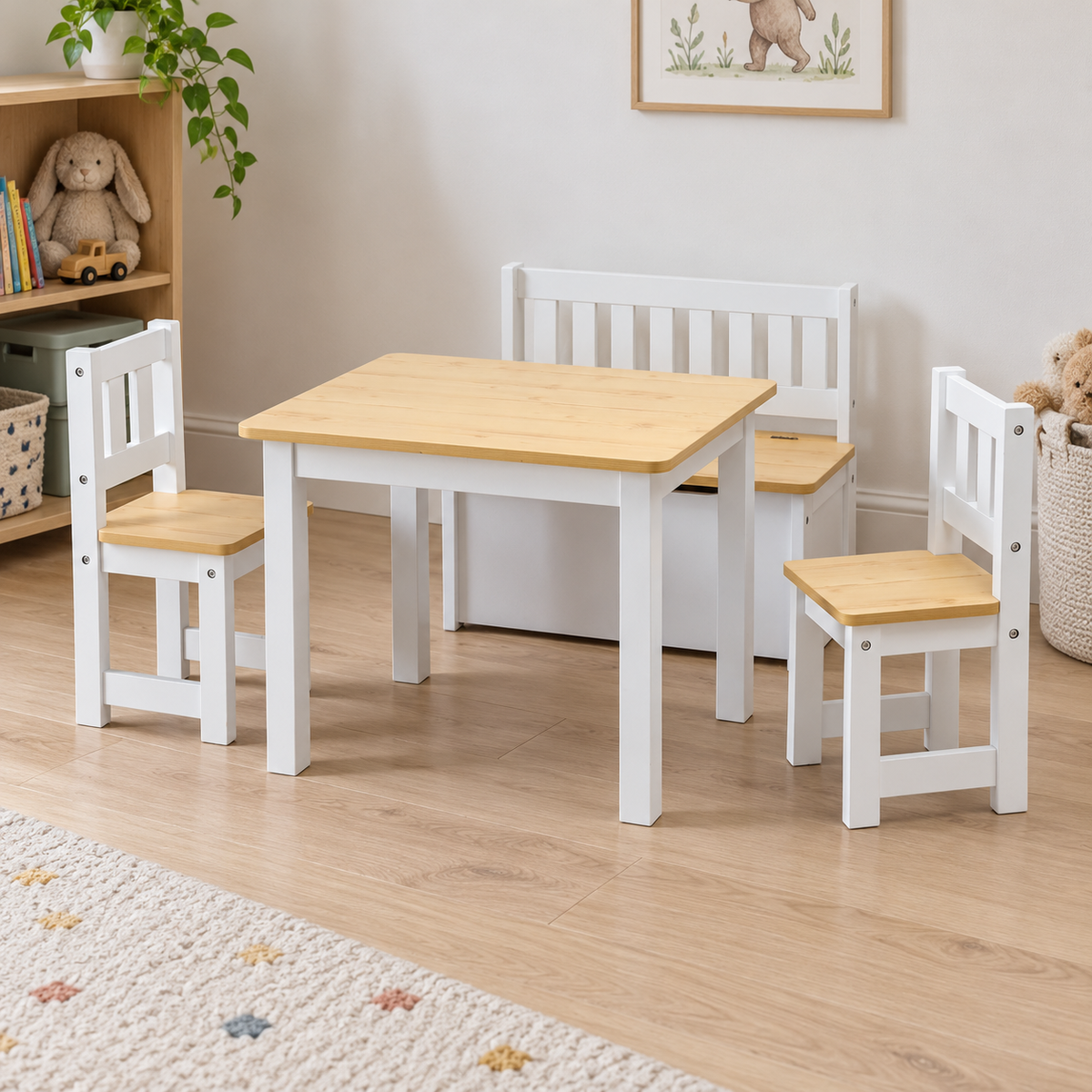 Keezi Kids Table, Two Chairs and Storage Bench Set shown in a home setting