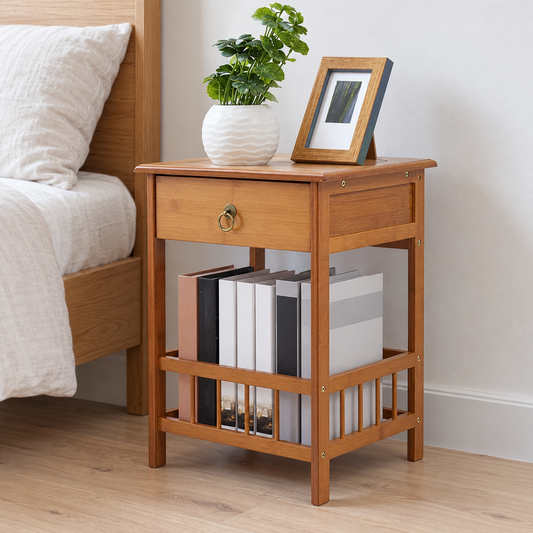 Light Brown Bamboo Bedside Table with Drawer shown in a home setting