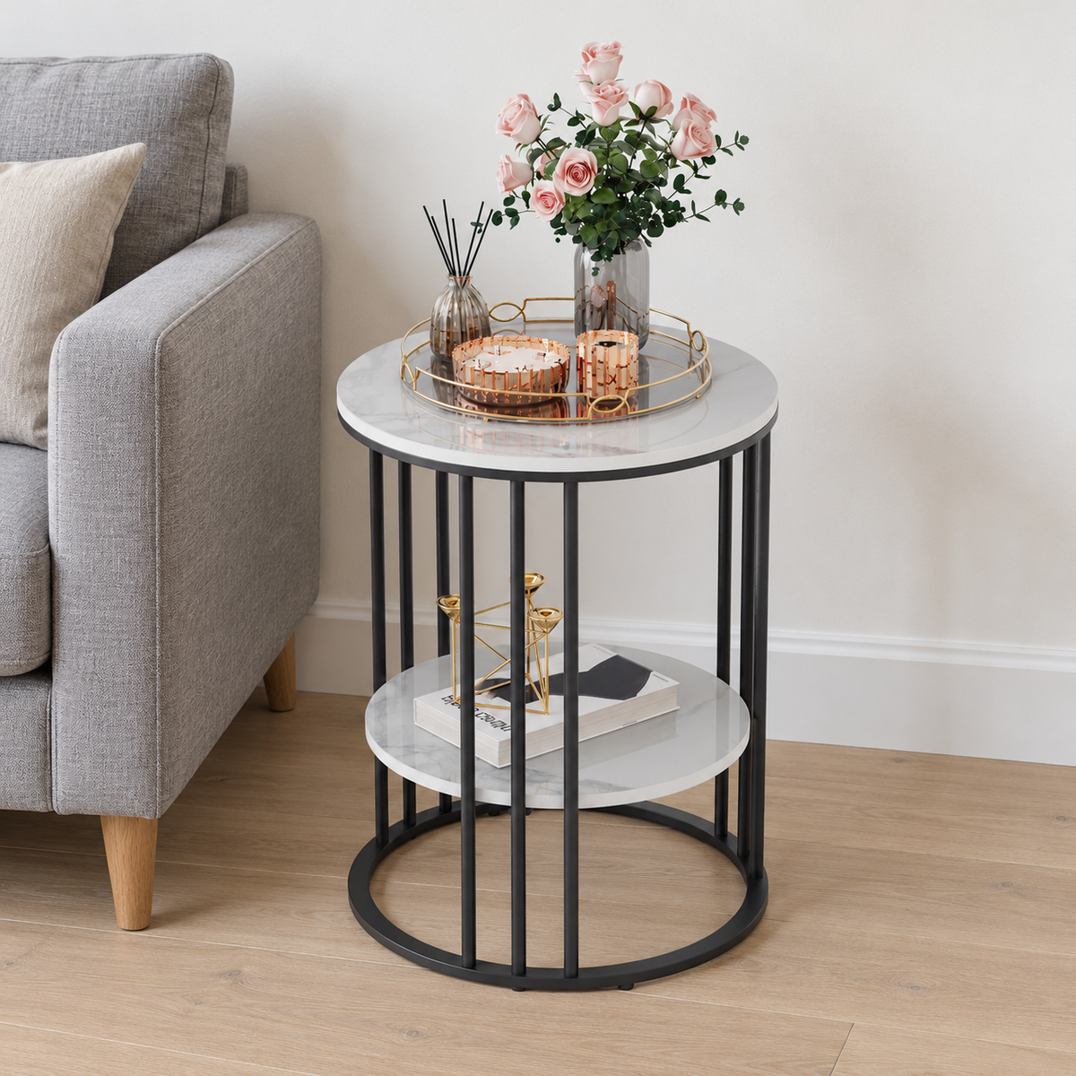 Round Sintered Stone Side Table with Two Shelves shown in a home setting