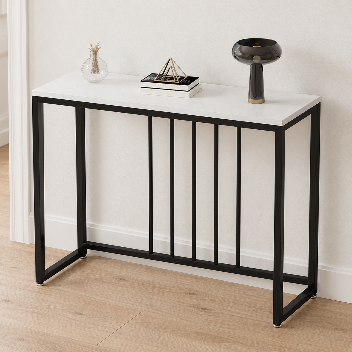 White and Grey Sintered Stone Console Table, 80 cm shown in a home setting