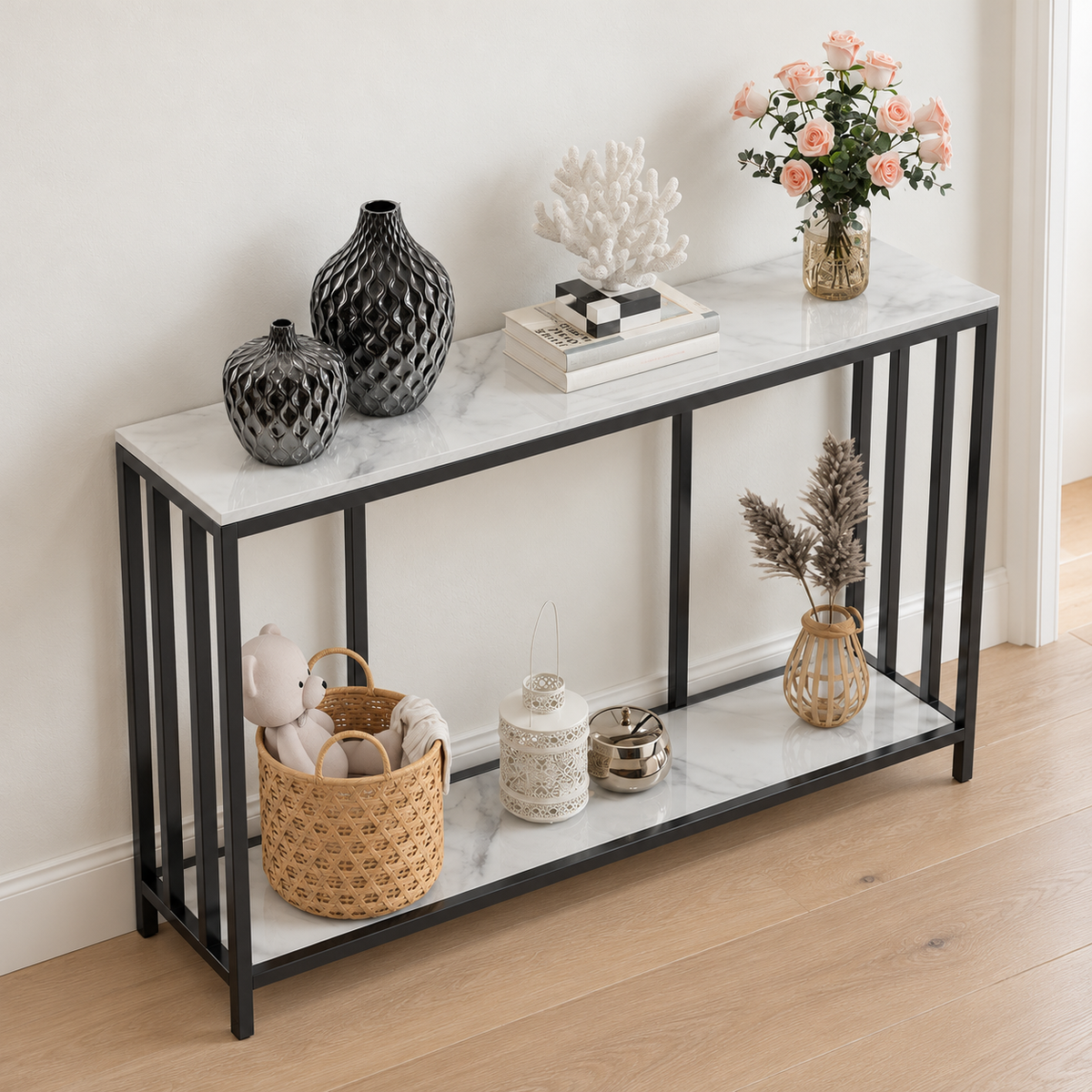 White Marble Look Console Table with Two Shelves shown in a home setting