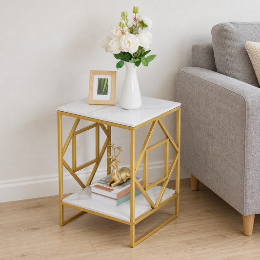 White Marble Side Table with Gold Frame shown in a home setting