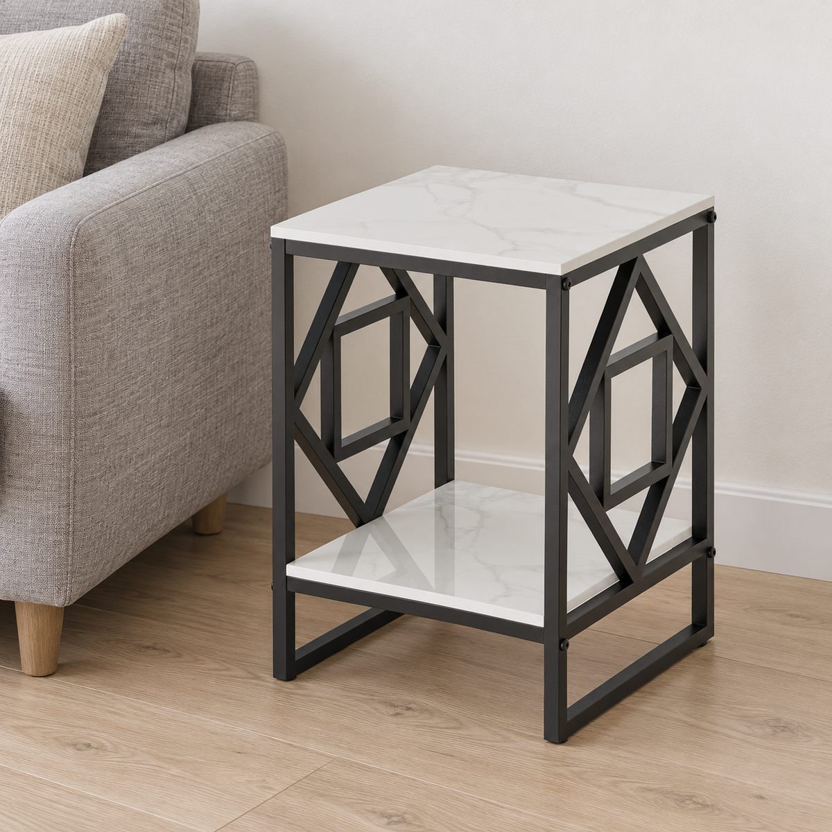 White Sintered Stone Side Table with Black Frame shown in a home setting
