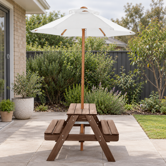 Wooden Picnic Table and Bench Set with Umbrella shown in a home setting