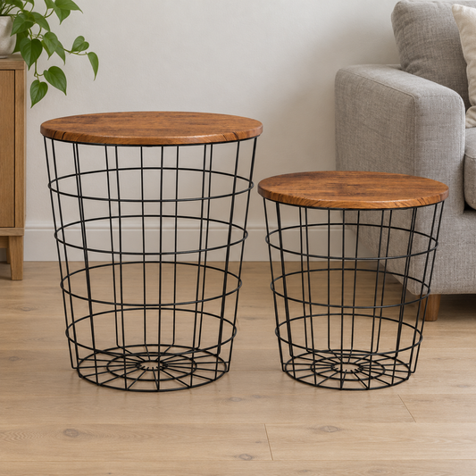 YES4HOMES Rustic Brown Round Coffee Tables, Set of 2 shown in a home setting